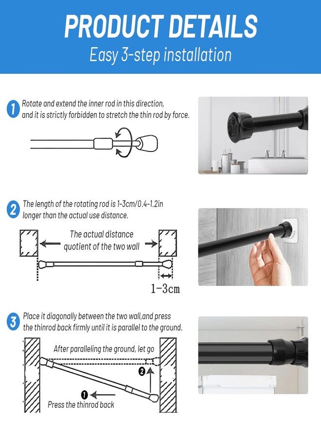 Glomora Tension Rod - Adjustable Telescopic 40-70cm, Easy Installation | High Carbon Steel, Black for Bathroom Curtains & Home Organization - Image 3